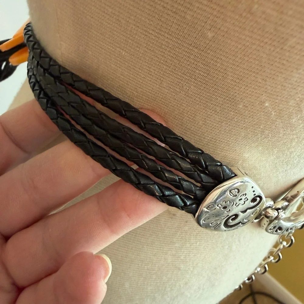 Brighton Braided Leather Silver Tone Chain Belt Size Medium Heart Medallion